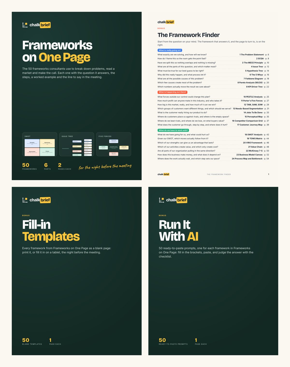 Frameworks on One Page with its three bonuses: The Framework Finder, the Fill-in Templates and Run It With AI